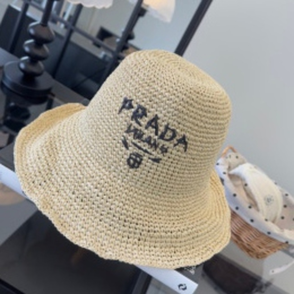 ✨Prada Logo Embroidered Crochet Straw Wide Brim Bucket Sun Hat - Picture 1 of 5